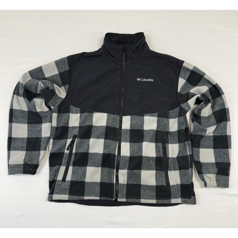 Columbia Mens Buffalo Plaid Fleece Jacket Black White Full Zip WM6355 Size Large